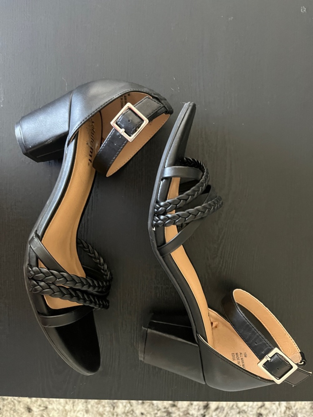 White Mountain Black Braided Strap Block Heel Sandals